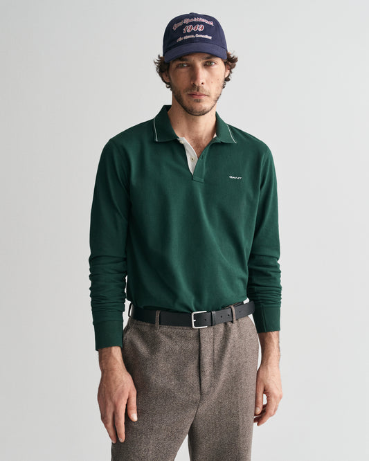 TARTAN GREEN, TEXTURED COLLAR POLO, FRONT-VIEW BY GANT AU.
