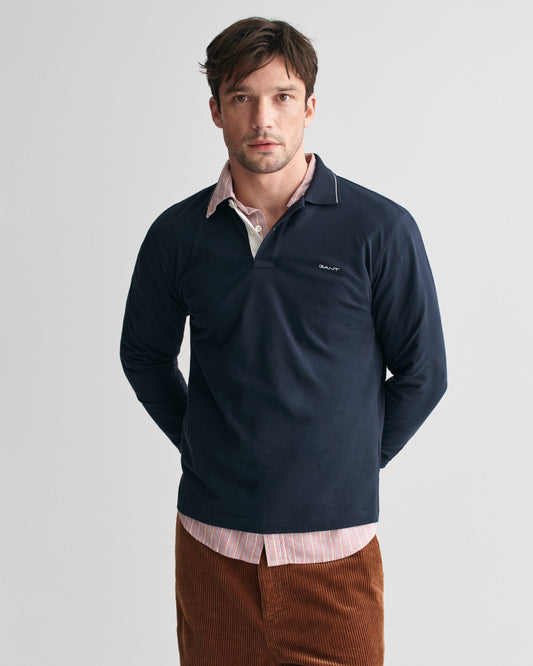 EVENING BLUE, TEXTURED COLLAR POLO, FRONT-VIEW BY GANT AU.