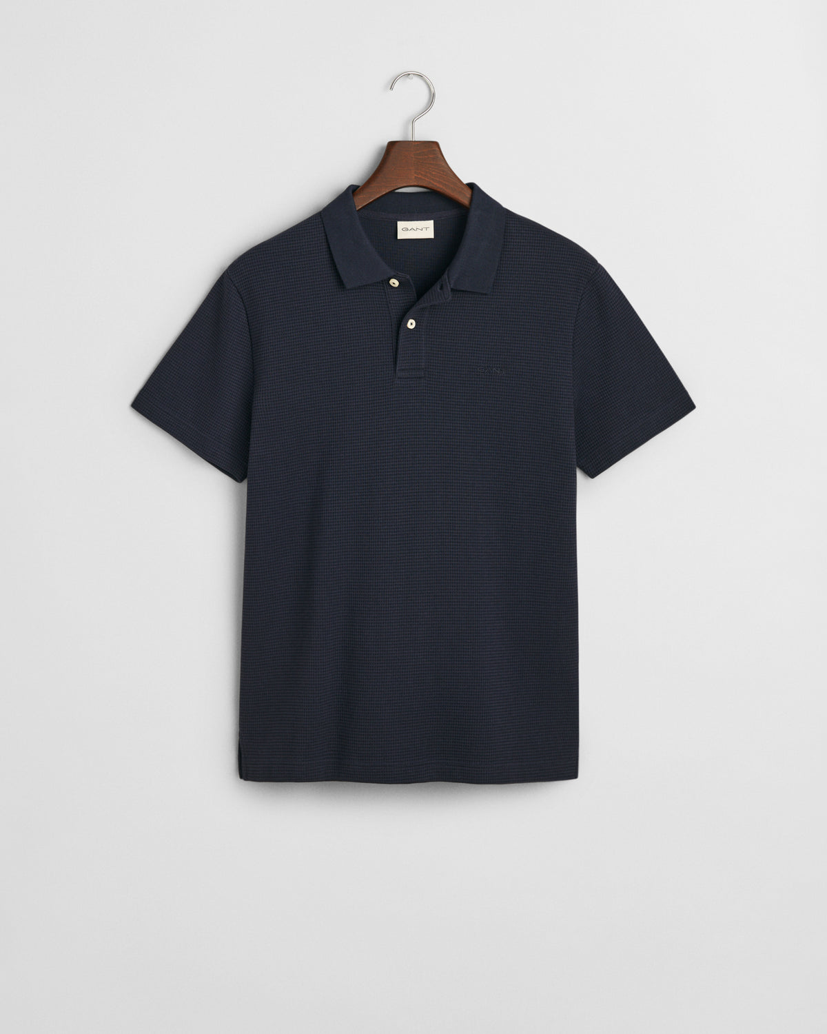EVENING BLUE, WAFFLE TEXTURED SS POLO, FLAT-LAY BY GANT AU.