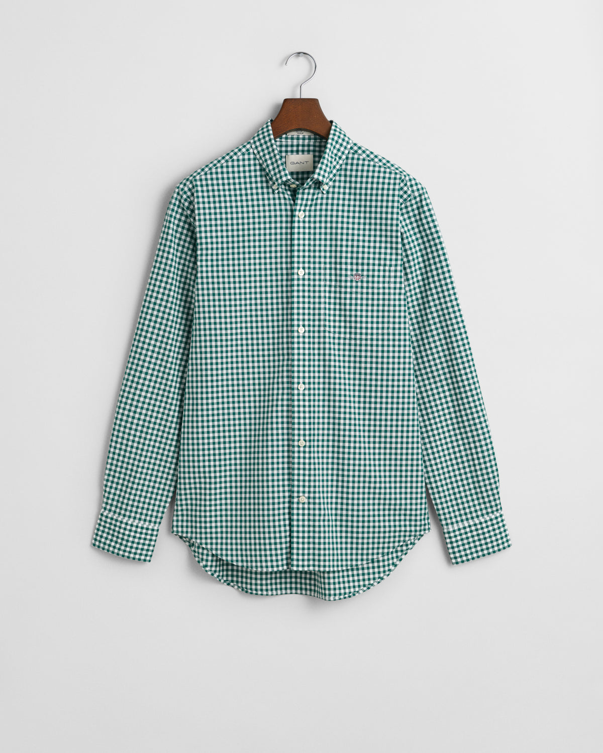 DEEP FOREST GREEN, REG CLASSIC POPLIN GINGHAM SHIRT, FLAT-LAY BY GANT AU.