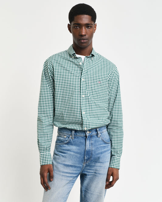DEEP FOREST GREEN, REG CLASSIC POPLIN GINGHAM SHIRT, FRONT-VIEW BY GANT AU.
