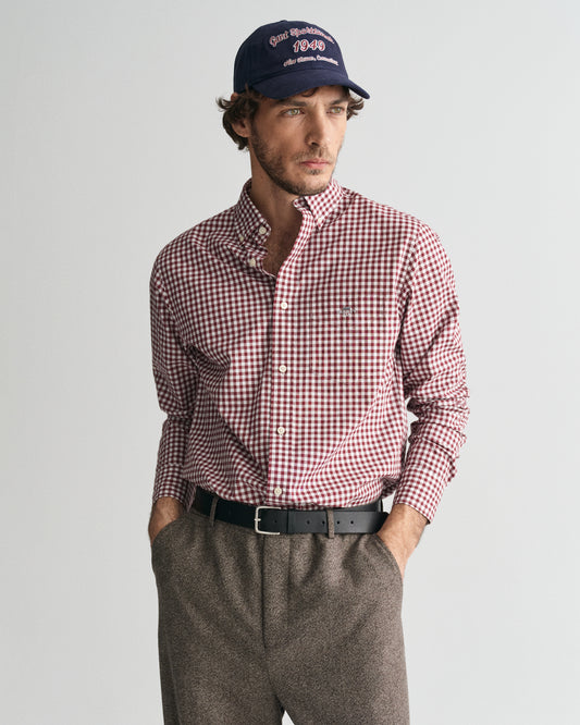 WINE RED, REG CLASSIC POPLIN GINGHAM SHIRT, FRONT-VIEW BY GANT AU.