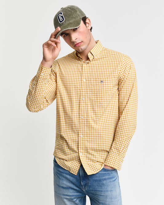 MAPLE YELLOW, REG CLASSIC POPLIN GINGHAM SHIRT, FRONT-VIEW BY GANT AU.