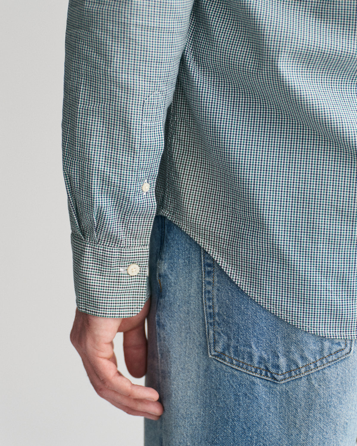 MODEL WEARING REG POPLIN MICRO GINGHAM SHIRT