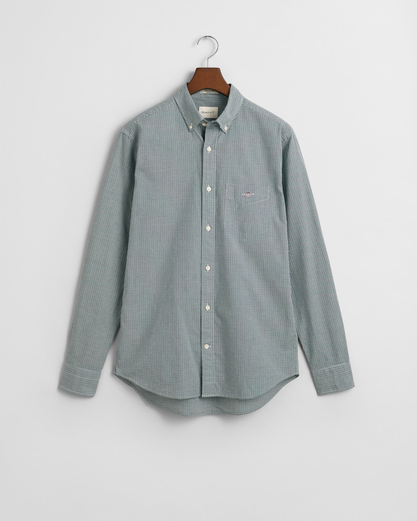 DEEP FOREST GREEN, REG POPLIN MICRO GINGHAM SHIRT, FLAT-LAY BY GANT AU.