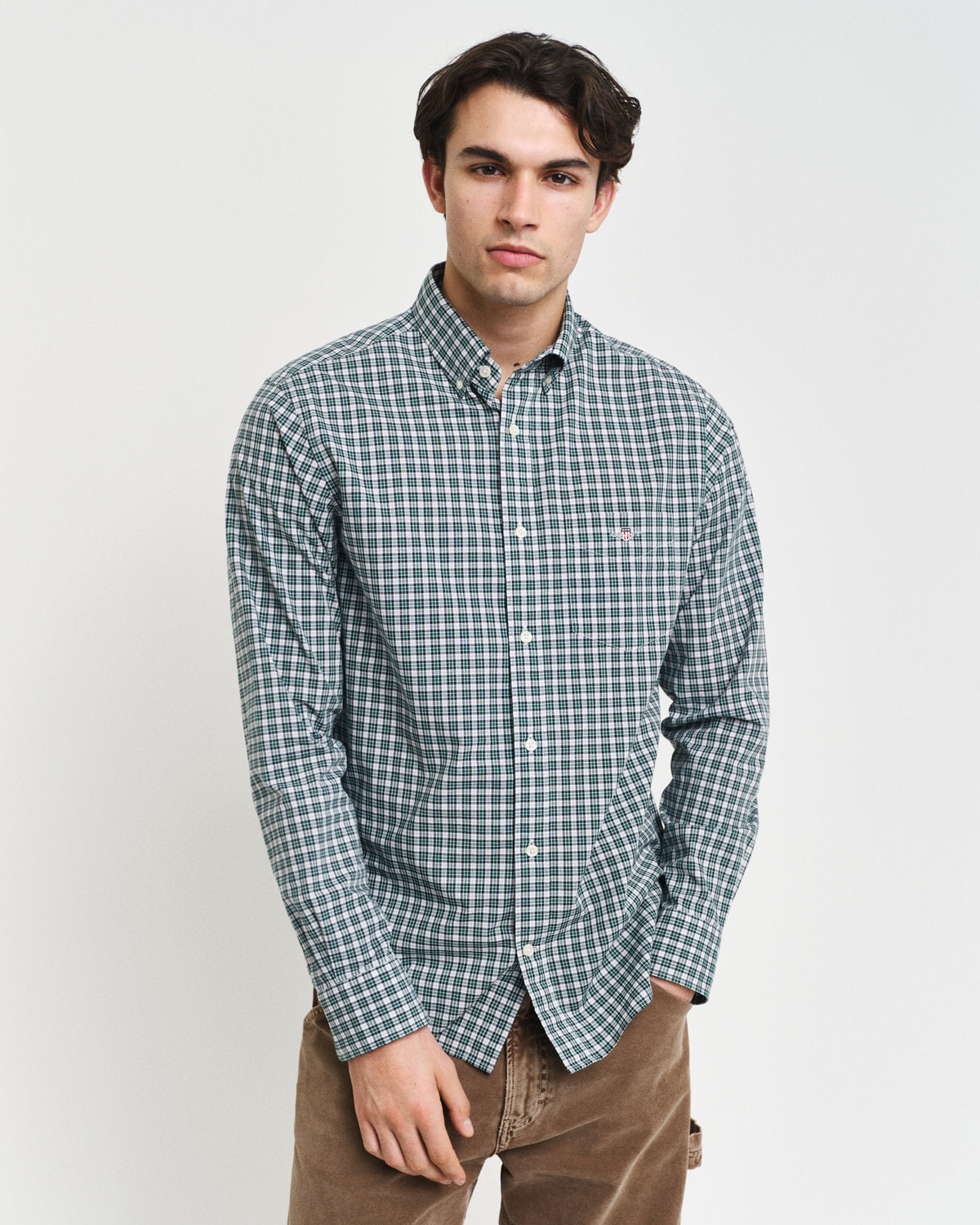 DEEP FOREST GREEN, REG POPLIN SMALL CHECK SHIRT, FRONT-VIEW BY GANT AU.