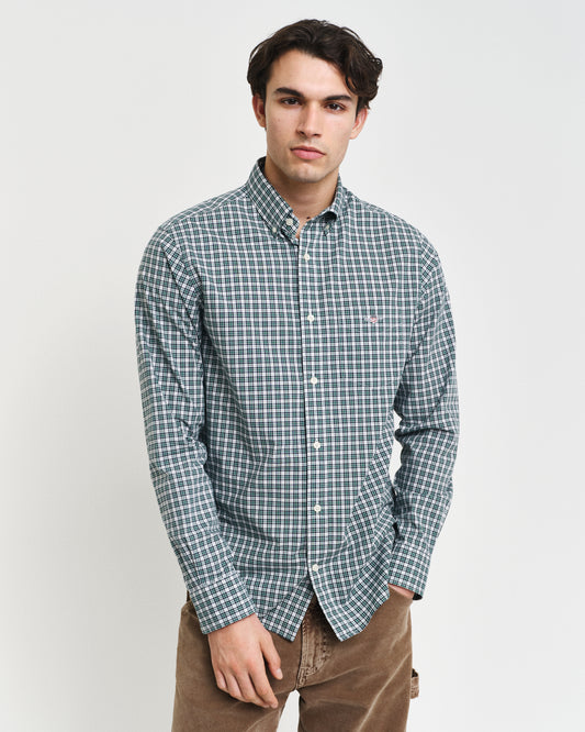 DEEP FOREST GREEN, REG POPLIN SMALL CHECK SHIRT, FRONT-VIEW BY GANT AU.