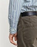 MODEL WEARING REG POPLIN STRIPE SHIRT
