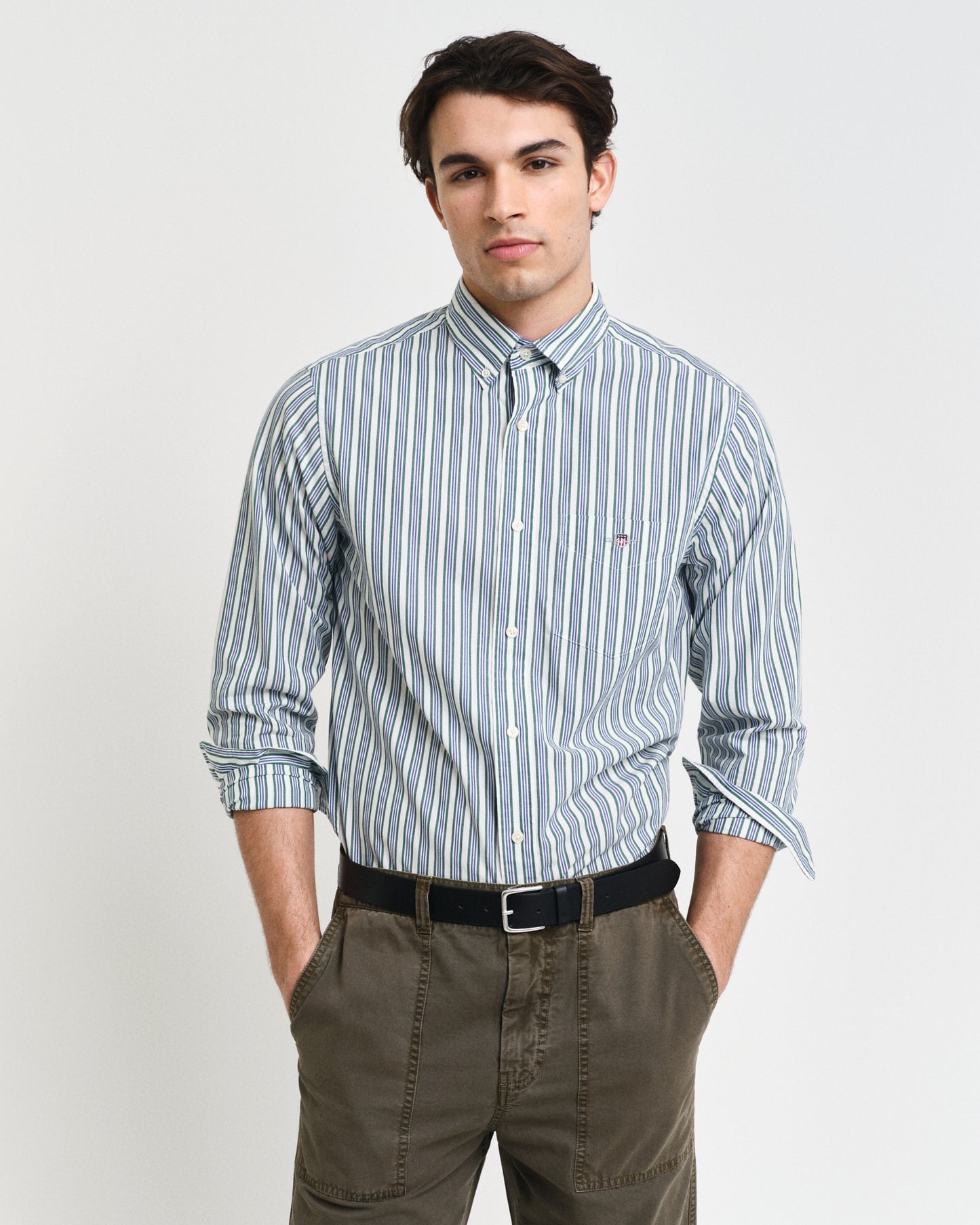 DEEP FOREST GREEN, REG POPLIN STRIPE SHIRT, FRONT-VIEW BY GANT AU.