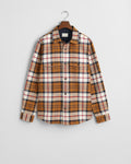 WARM EARTH, HERRINGBONE CHECK OVERSHIRT, FLAT-LAY BY GANT AU.