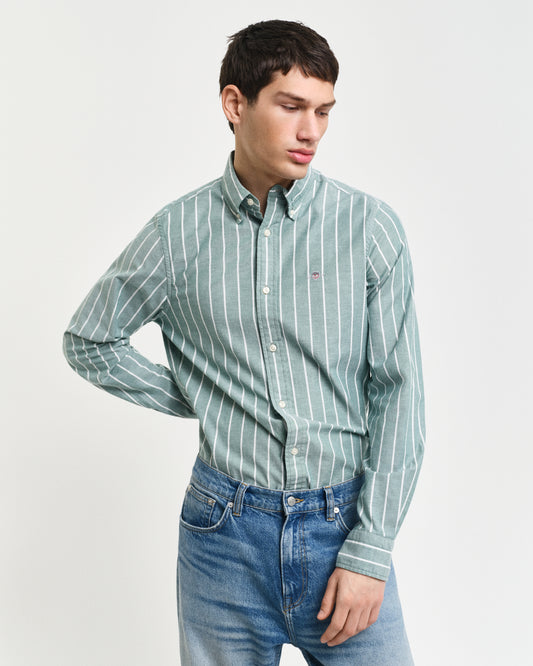 DEEP FOREST GREEN, SLIM OXFORD STRETCH STRIPE SHIRT, FRONT-VIEW BY GANT AU.