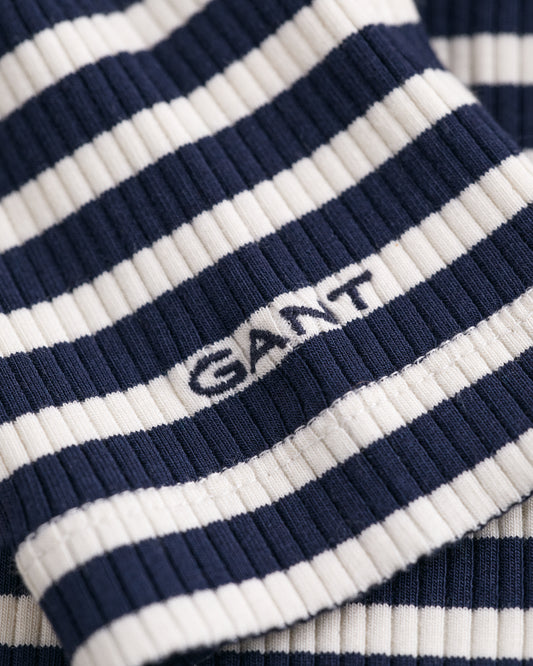 EVENING BLUE, SLIM STRIPED RIBBED TURTLENECK, CLOSE-UP BY GANT AU.