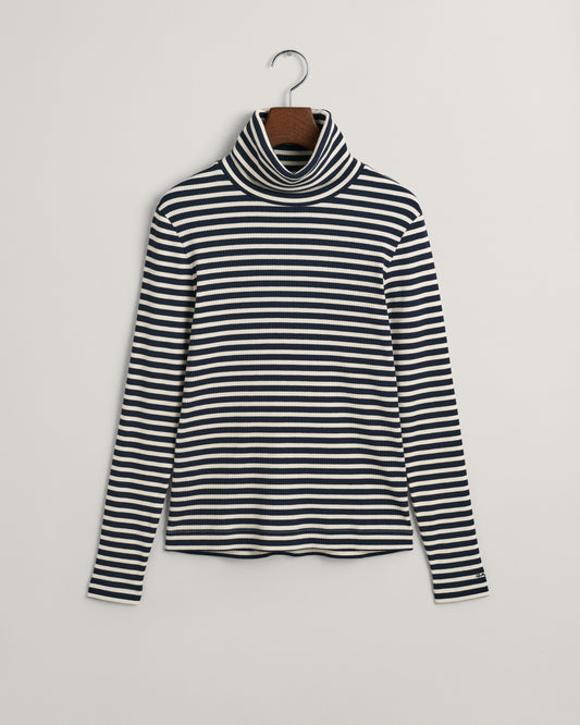 EVENING BLUE, SLIM STRIPED RIBBED TURTLENECK BY GANT AU.