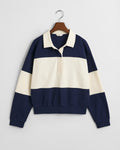 CLASSIC BLUE, PIQUE TEXTURE COLOR BLOCK RUGGER, FLAT-LAY BY GANT AU.