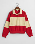 RUBY RED, PIQUE TEXTURE COLOR BLOCK RUGGER, FLAT-LAY BY GANT AU.