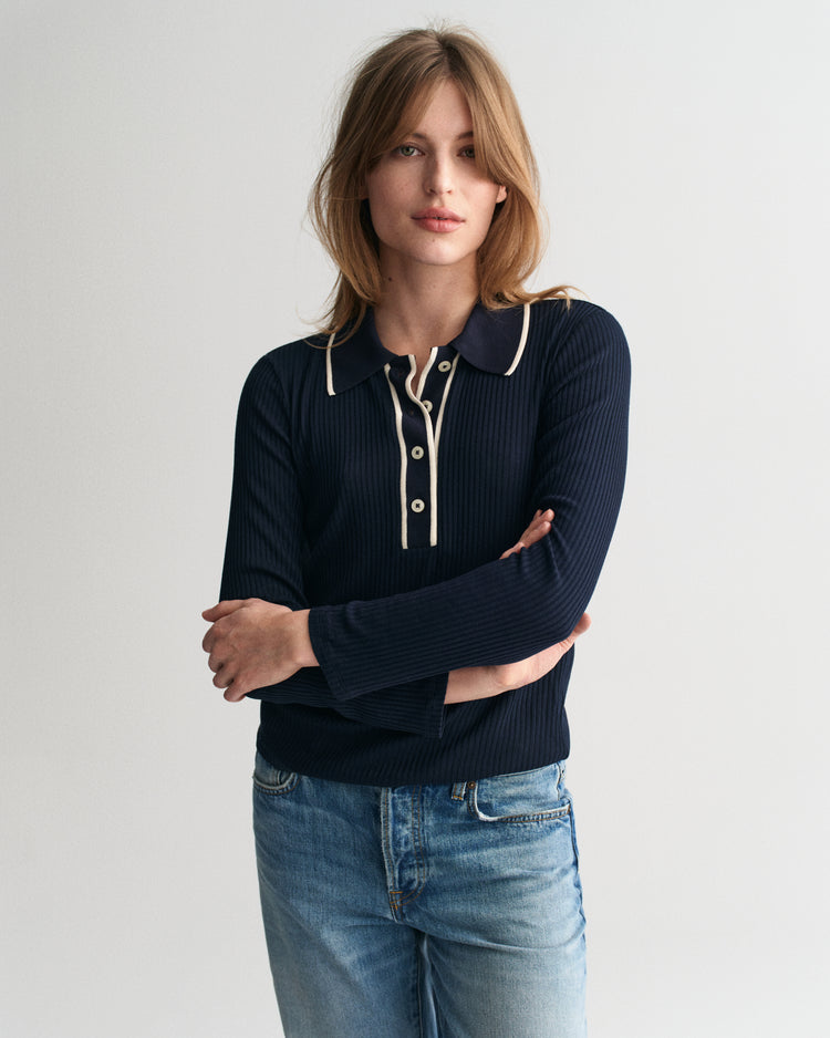 EVENING BLUE, SLIM RIB LS POLO, FRONT-VIEW BY GANT AU.