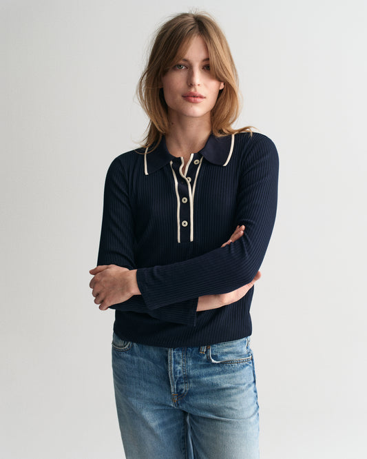 EVENING BLUE, SLIM RIB LS POLO, FRONT-VIEW BY GANT AU.