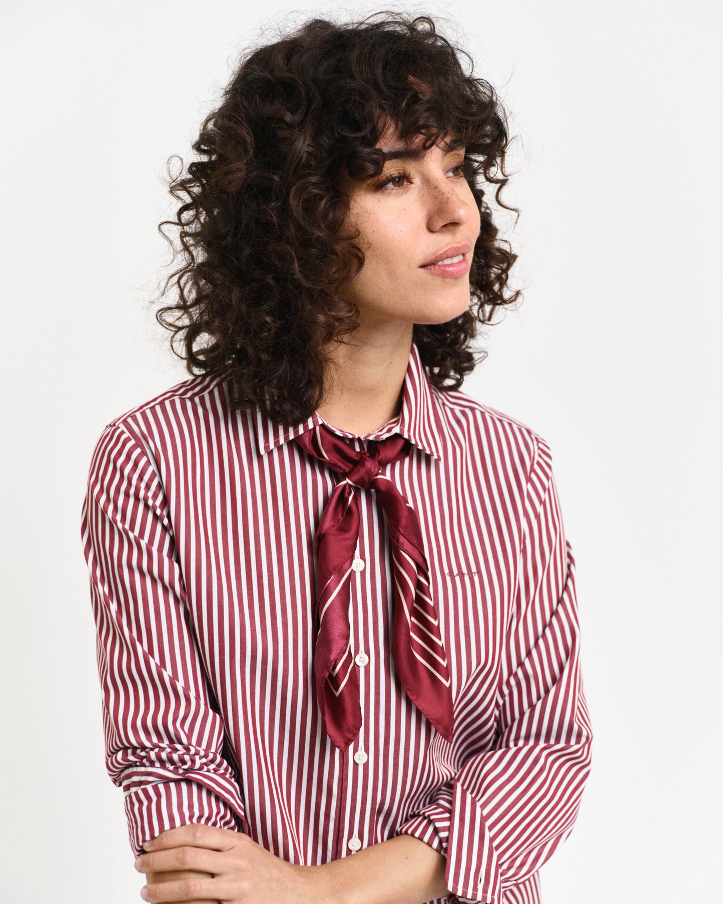 MODEL WEARING REG CLASSIC POPLIN STRIPED SHIRT