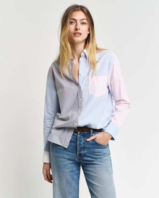 MUTED BLUE, REL PATCHWORK BD SHIRT, CLOSE-UP BY GANT AU.