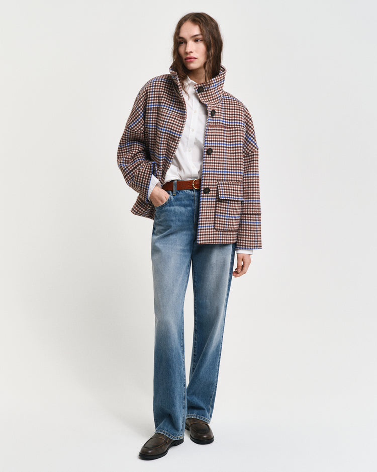 COLLEGE BLUE, CHECKED CROPPED WOOL JACKET BY GANT AU.