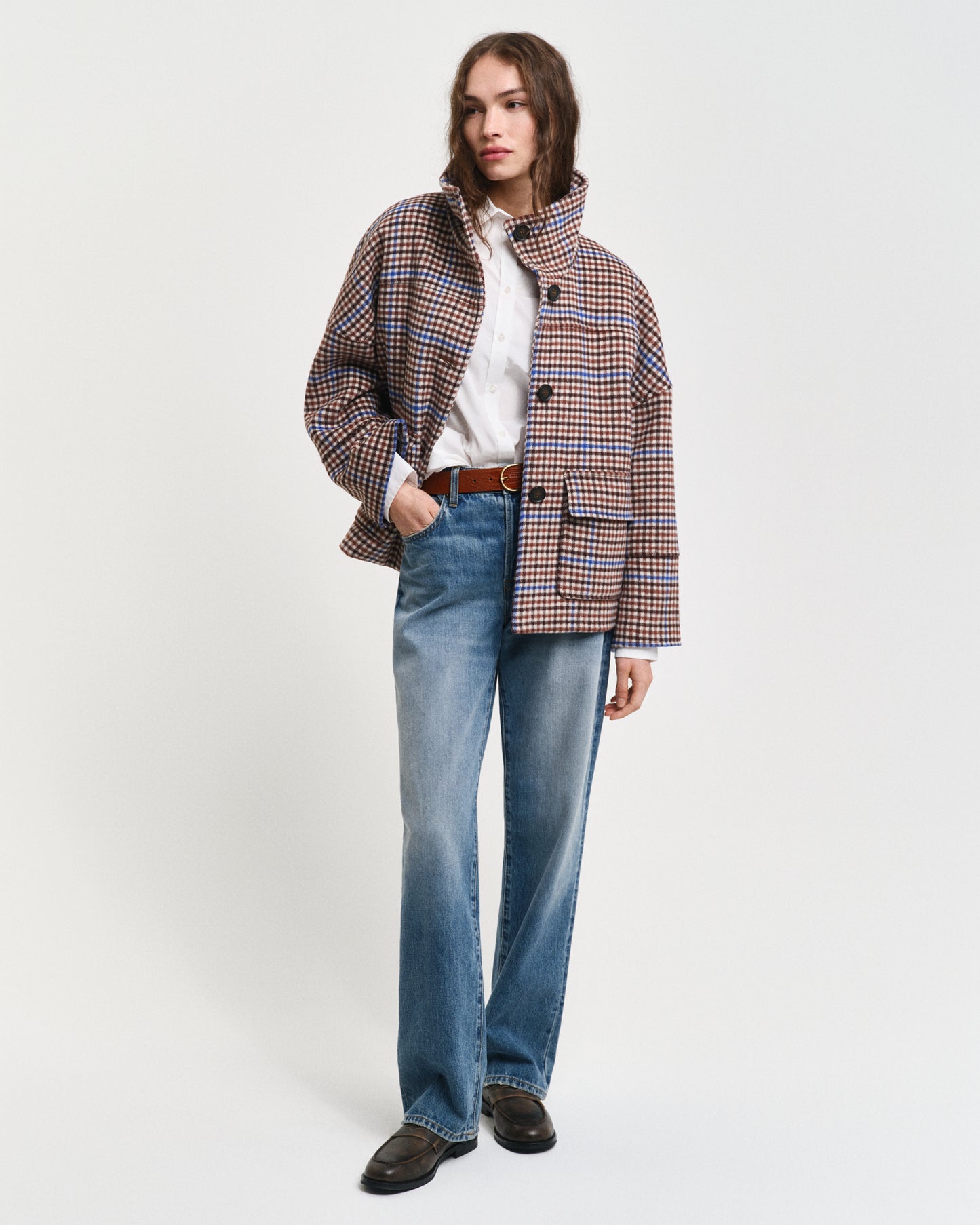 COLLEGE BLUE, CHECKED CROPPED WOOL JACKET BY GANT AU.