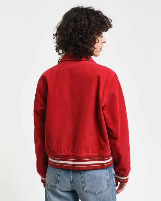 RUBY RED, CORD VARSITY JACKET, BACK-VIEW BY GANT AU.
