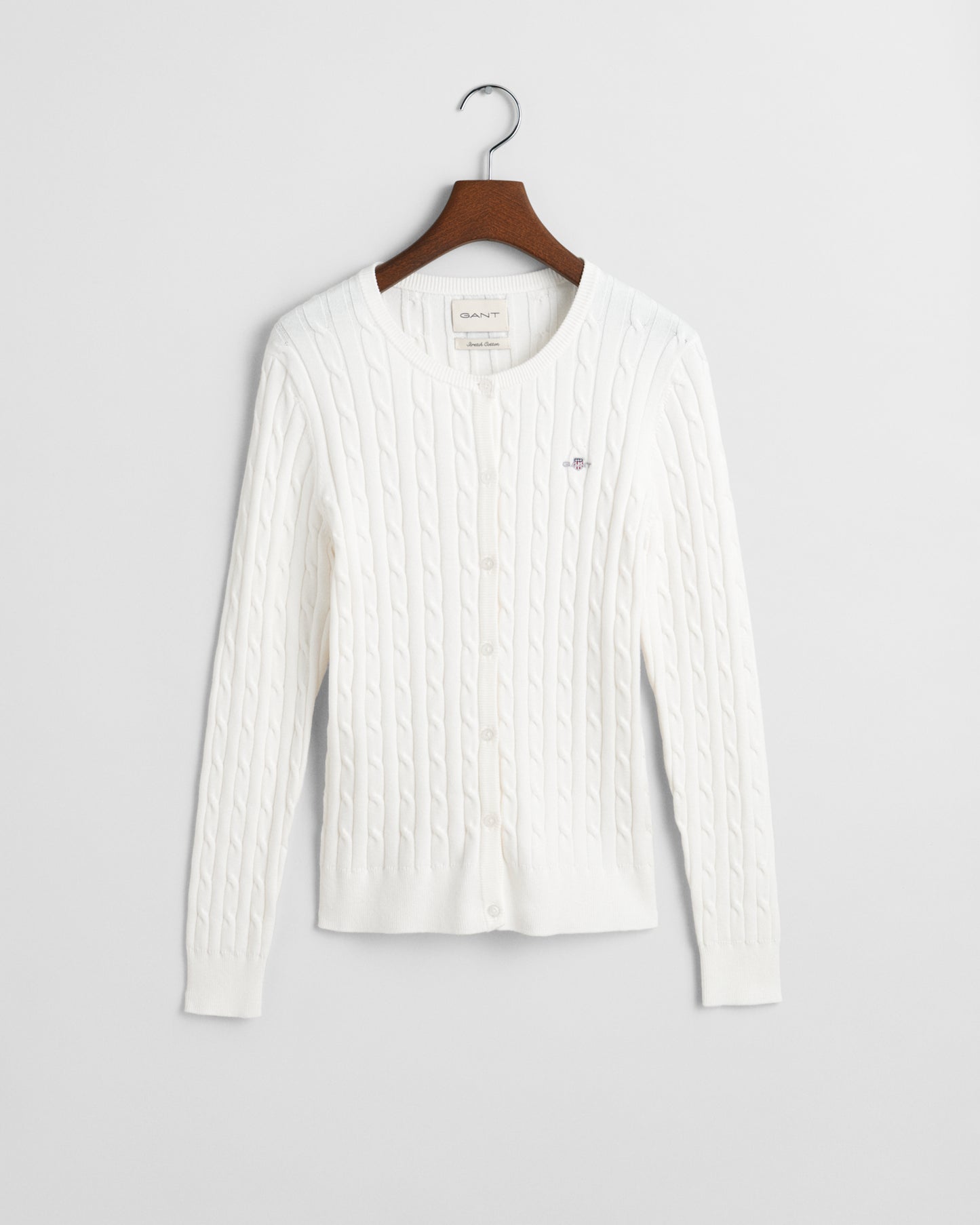 EGGSHELL, STRETCH COTTON CABLE CARDIGAN, FLAT-LAY BY GANT AU.