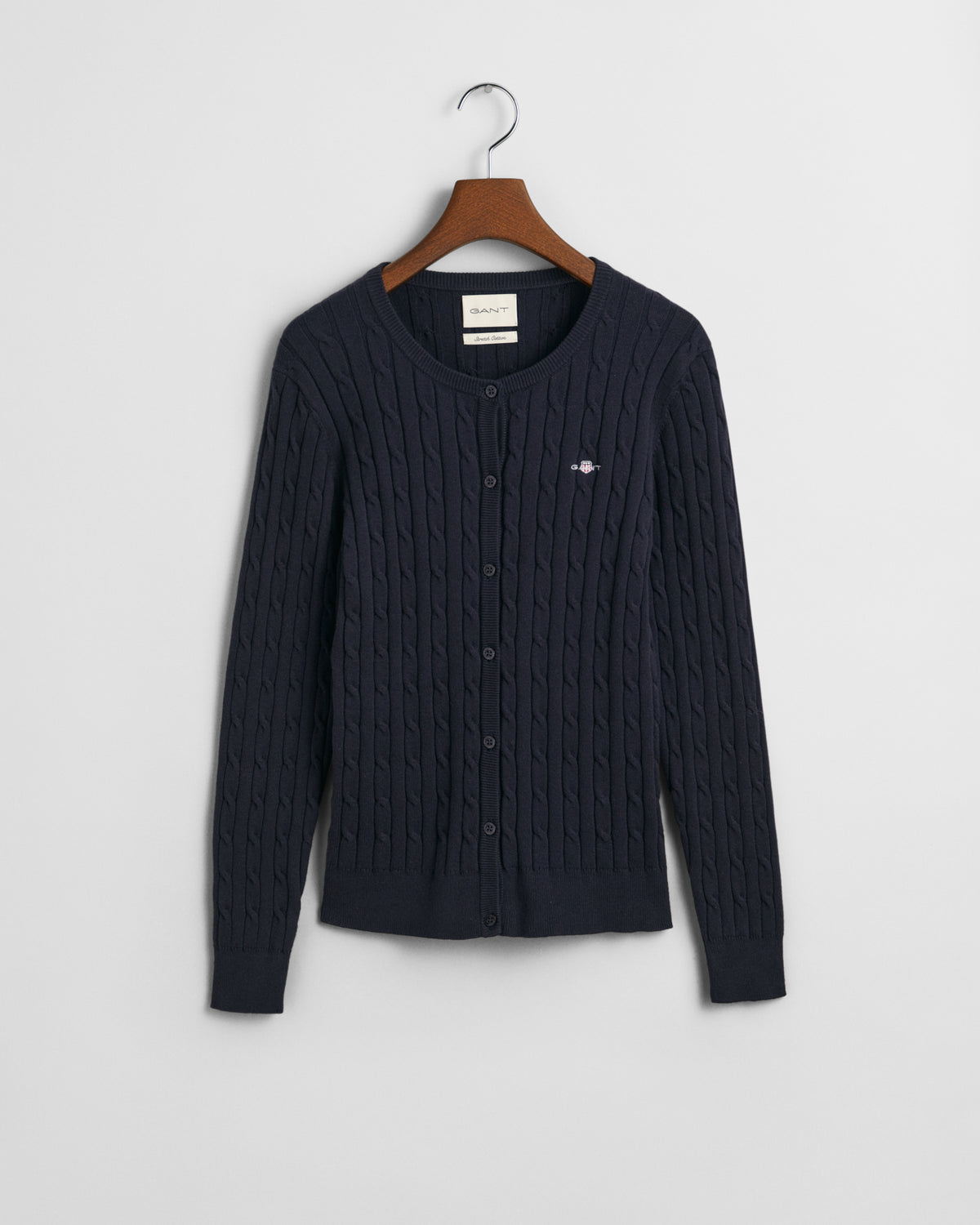 EVENING BLUE, STRETCH COTTON CABLE CARDIGAN, FLAT-LAY BY GANT AU.