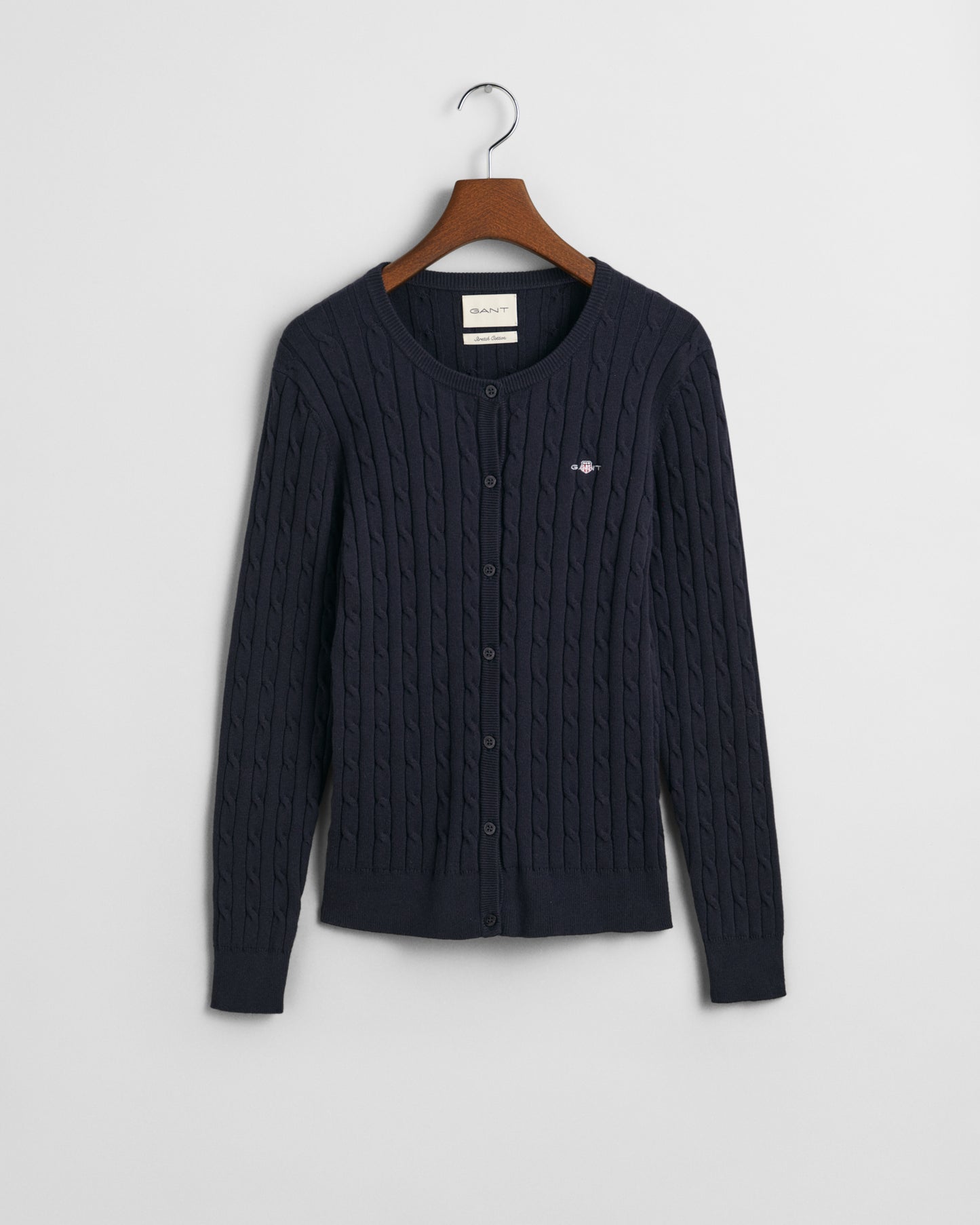 EVENING BLUE, STRETCH COTTON CABLE CARDIGAN, FLAT-LAY BY GANT AU.