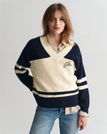 EVENING BLUE, GANT VARSITY COTTON V-NECK, FRONT-VIEW BY GANT AU.