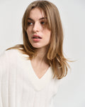 MODEL WEARING WIDE RIBBED WOOL V-NECK
