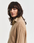 MODEL WEARING WIDE RIBBED WOOL V-NECK
