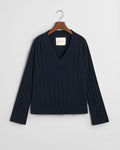 EVENING BLUE, WIDE RIBBED WOOL V-NECK, FLAT-LAY BY GANT AU.