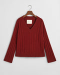 PLUMPED RED, WIDE RIBBED WOOL V-NECK, FLAT-LAY BY GANT AU.
