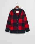 RUBY RED, BUFFALO CHECKED V-NECK CARDIGAN, FLAT-LAY BY GANT AU.