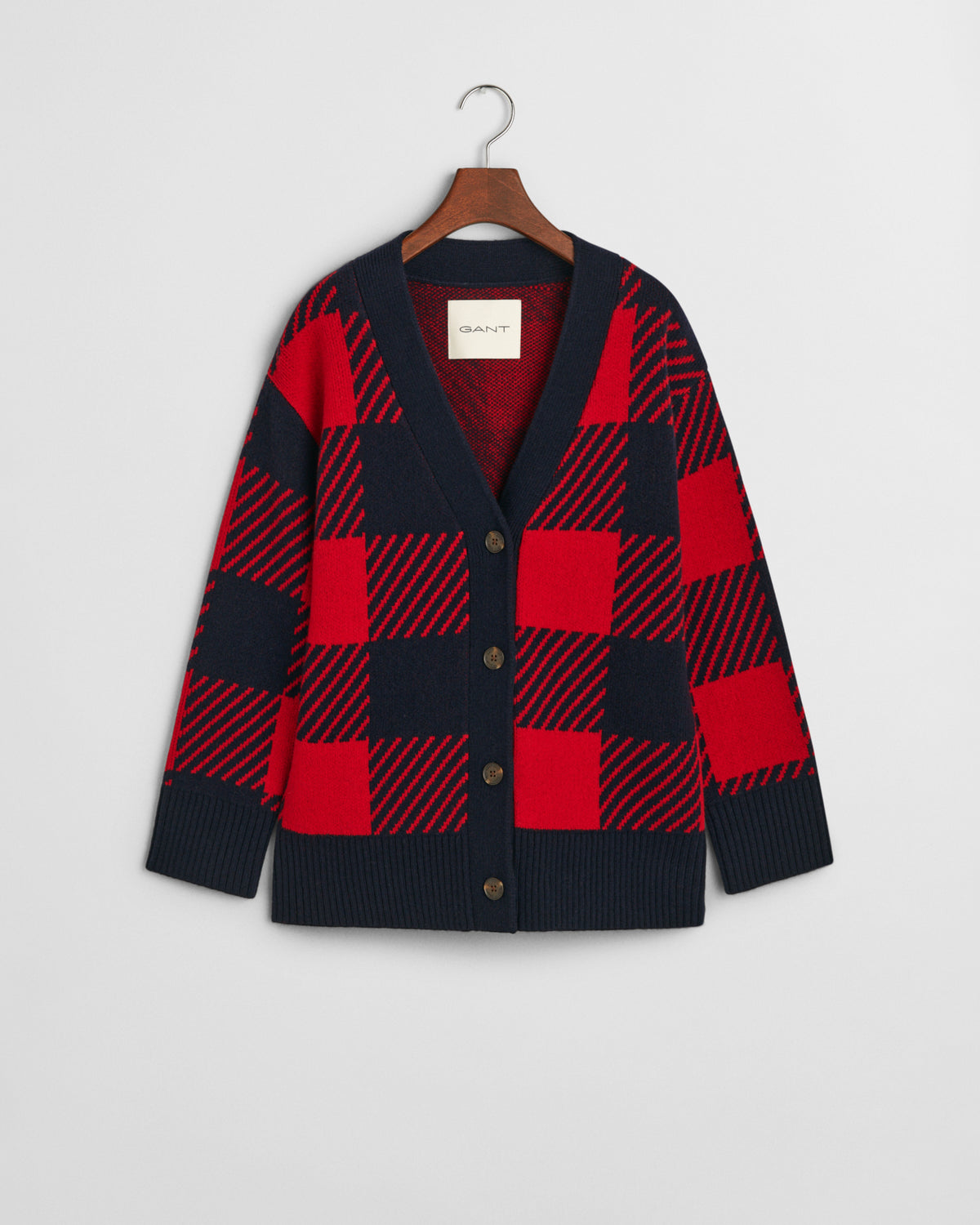 RUBY RED, BUFFALO CHECKED V-NECK CARDIGAN, FLAT-LAY BY GANT AU.