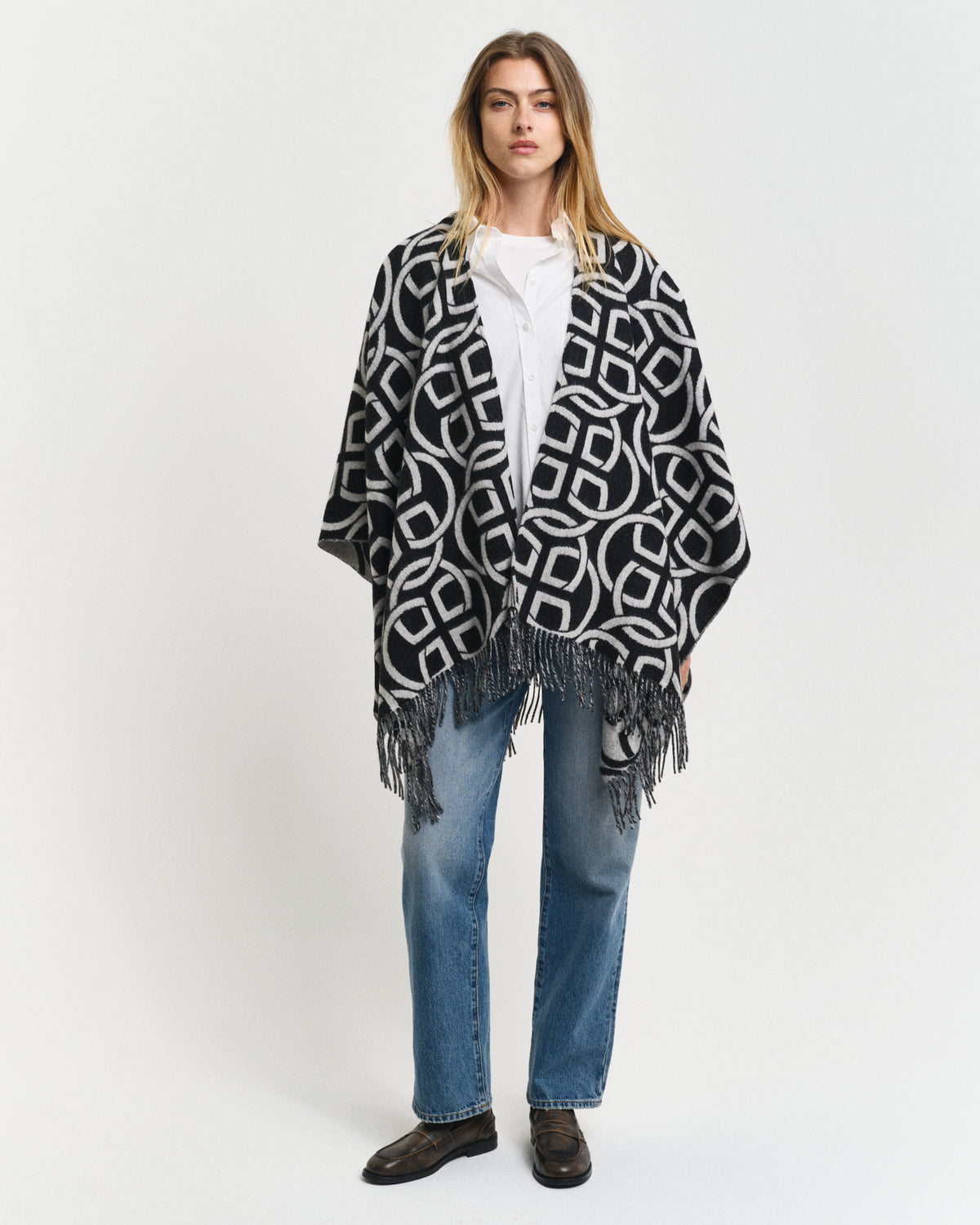 BLACK, G PATTERN WOOL PONCHO BY GANT AU.