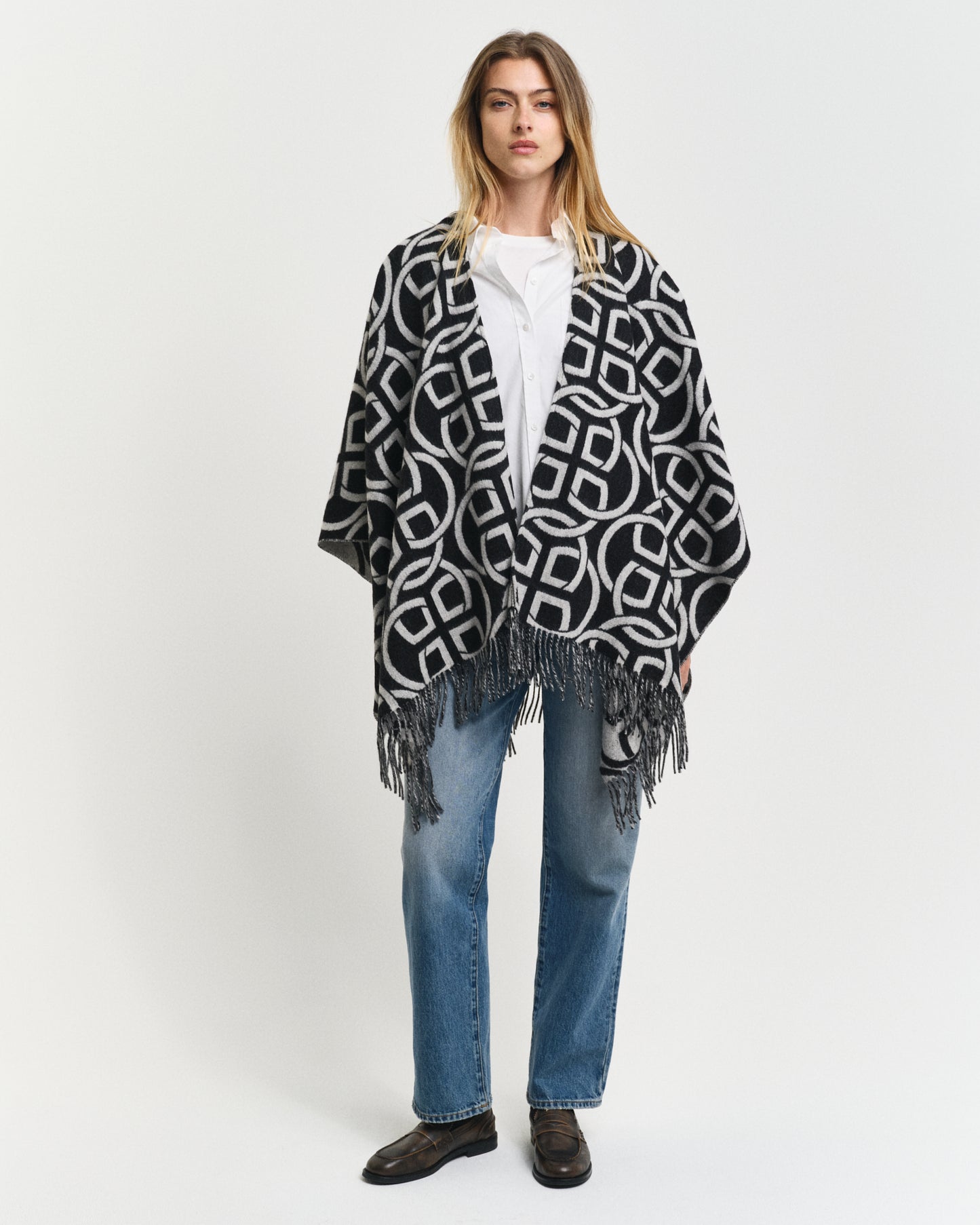 BLACK, G PATTERN WOOL PONCHO BY GANT AU.