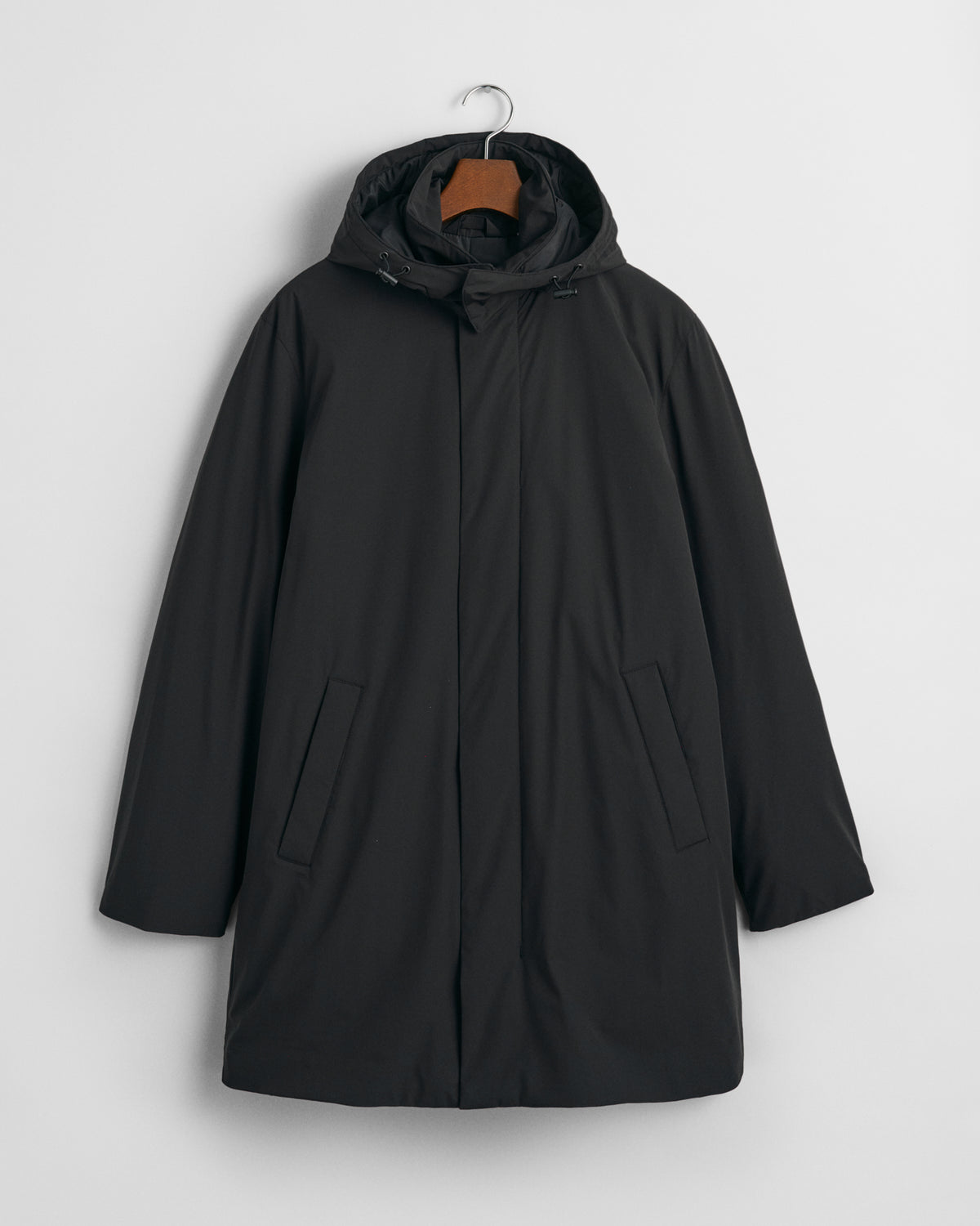 BLACK, PADDED CAR COAT, FLAT-LAY BY GANT AU.