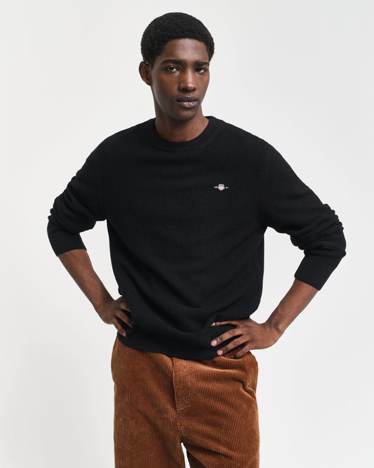 BLACK, COTTON MICRO TEXTURED C-NECK, FRONT-VIEW BY GANT AU.