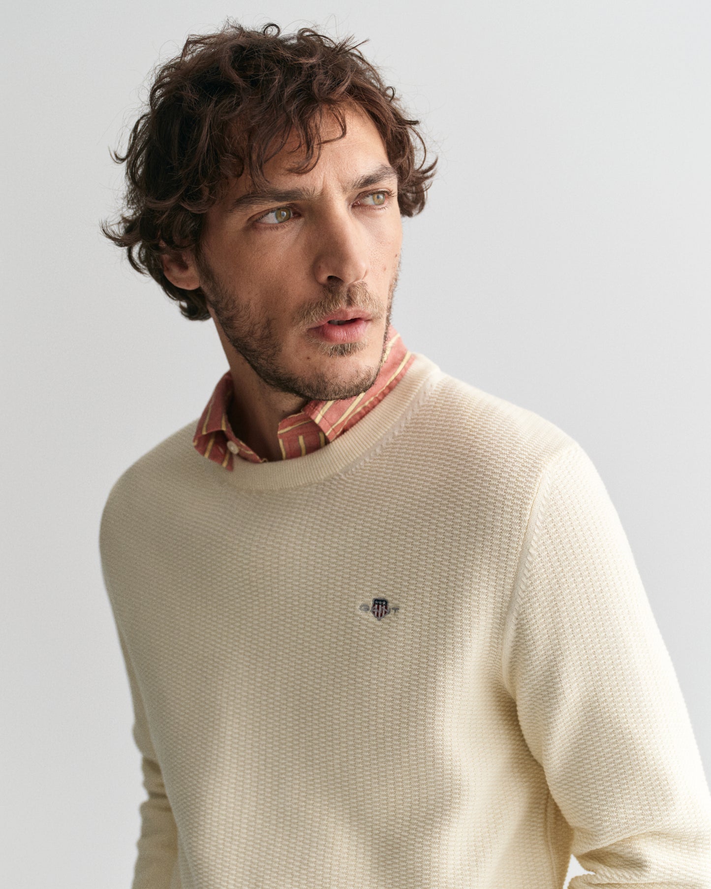 CREAM, COTTON MICRO TEXTURED C-NECK, CLOSE-UP BY GANT AU.