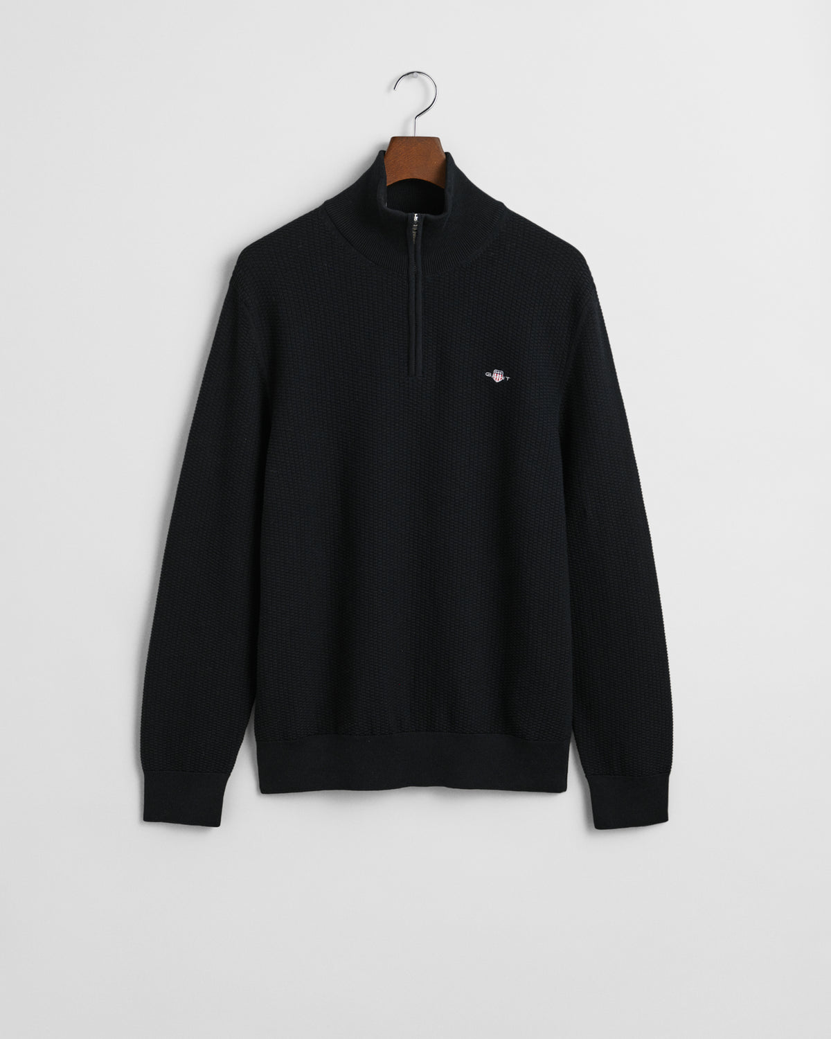 BLACK, COTTON MICRO TEXTURED HALF ZIP, FLAT-LAY BY GANT AU.