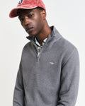 DARK GREY MELANGE, COTTON MICRO TEXTURED HALF ZIP, CLOSE-UP BY GANT AU.