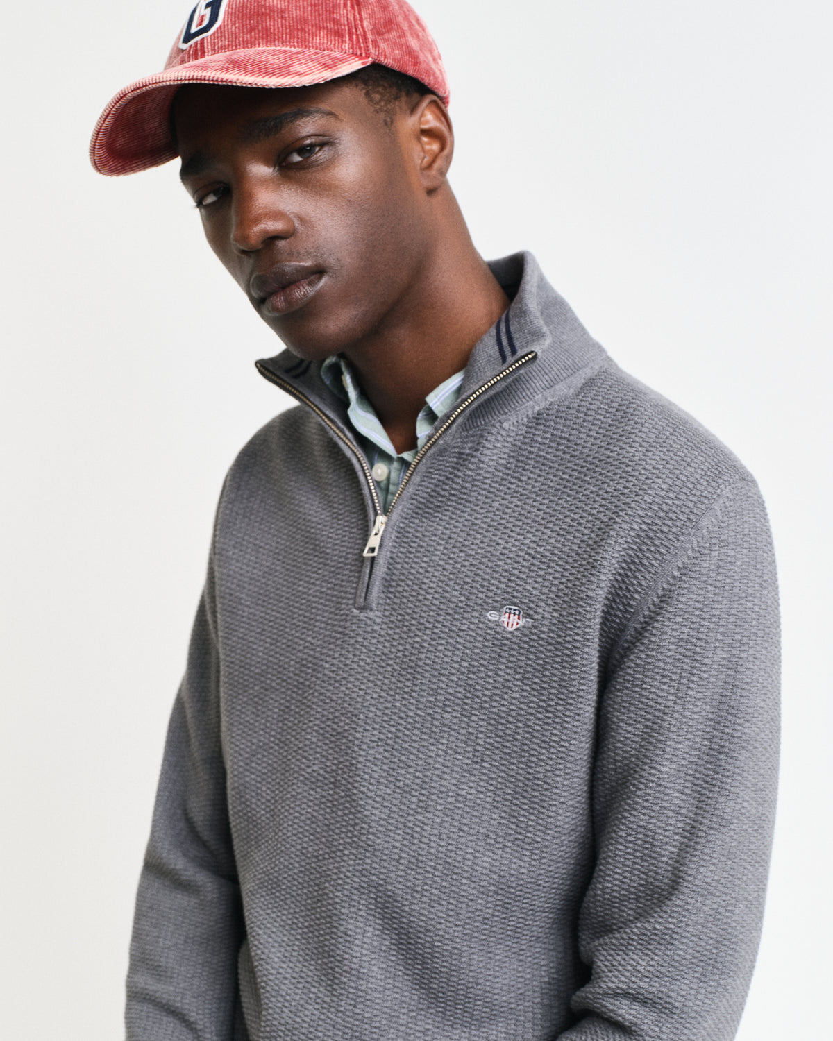 DARK GREY MELANGE, COTTON MICRO TEXTURED HALF ZIP, CLOSE-UP BY GANT AU.