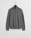 DARK GREY MELANGE, COTTON MICRO TEXTURED HALF ZIP, FLAT-LAY BY GANT AU.