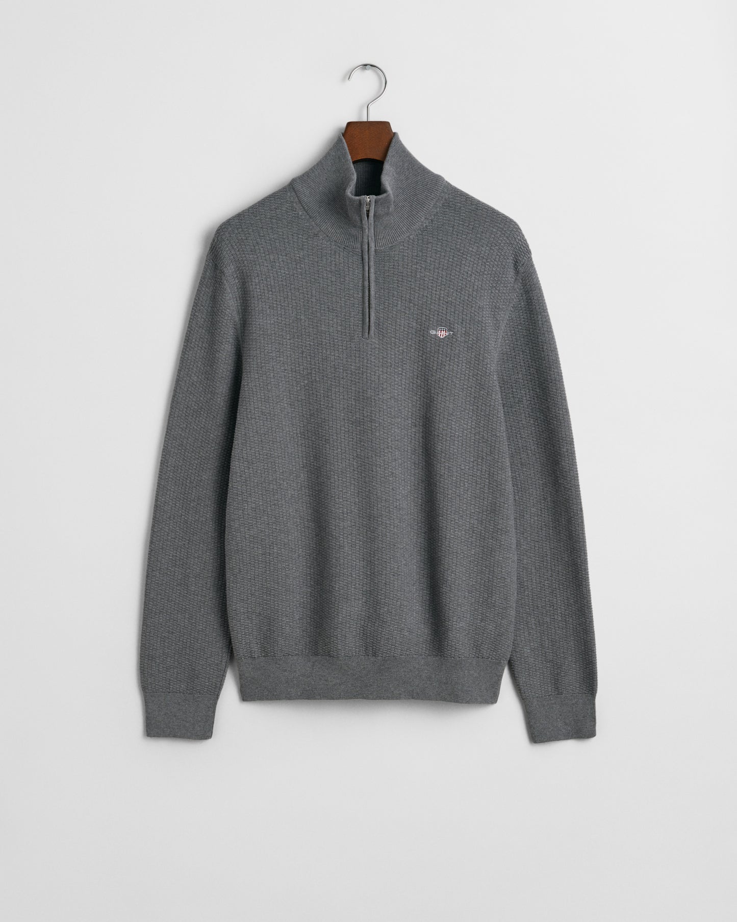 DARK GREY MELANGE, COTTON MICRO TEXTURED HALF ZIP, FLAT-LAY BY GANT AU.
