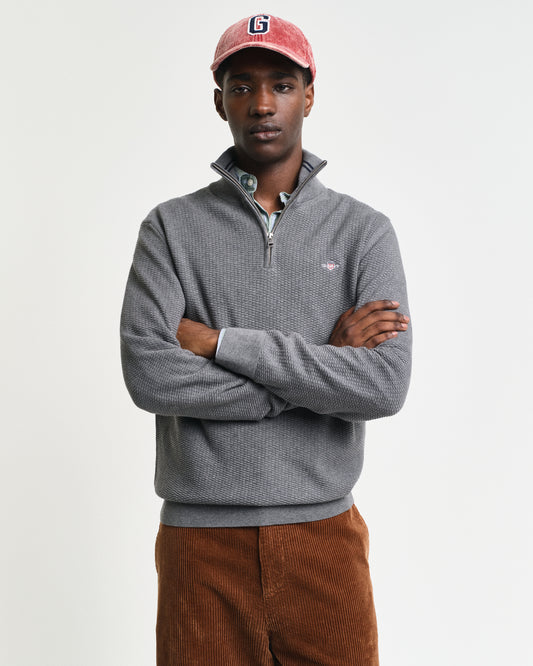 DARK GREY MELANGE, COTTON MICRO TEXTURED HALF ZIP, FRONT-VIEW BY GANT AU.