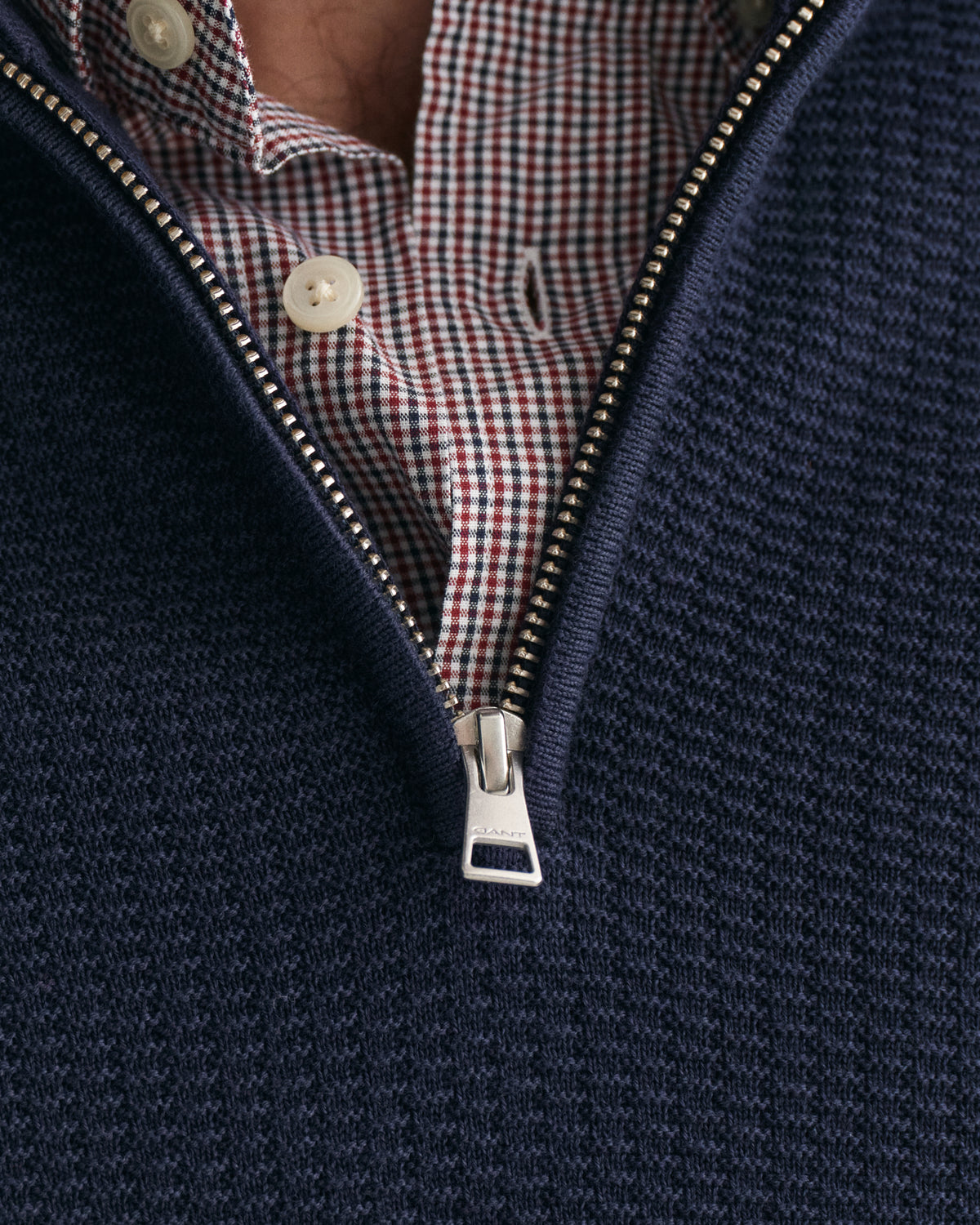 EVENING BLUE, COTTON MICRO TEXTURED HALF ZIP, CLOSE-UP BY GANT AU.