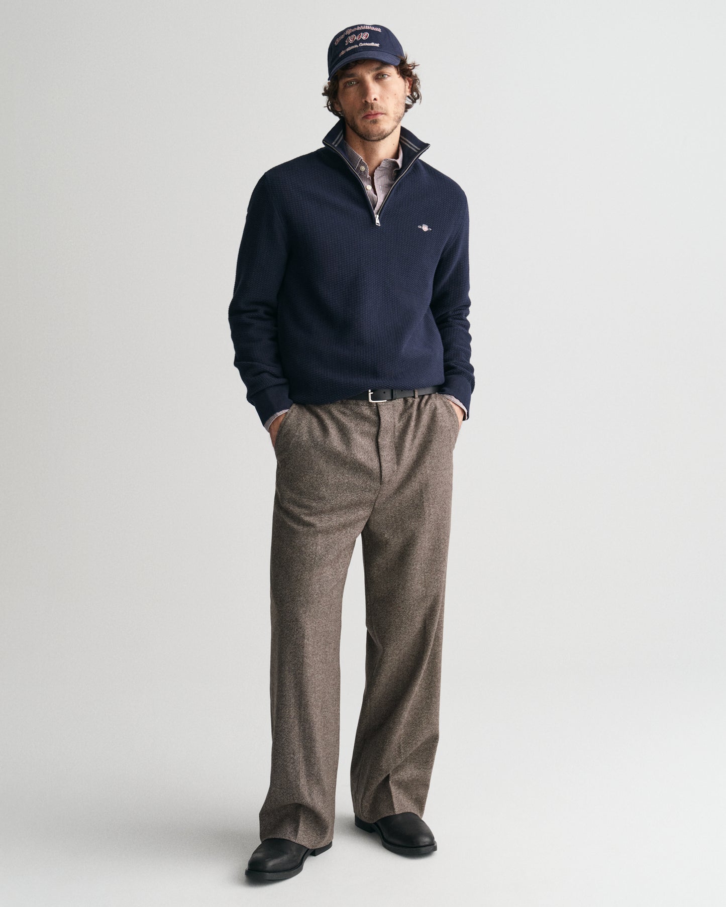 EVENING BLUE, COTTON MICRO TEXTURED HALF ZIP BY GANT AU.