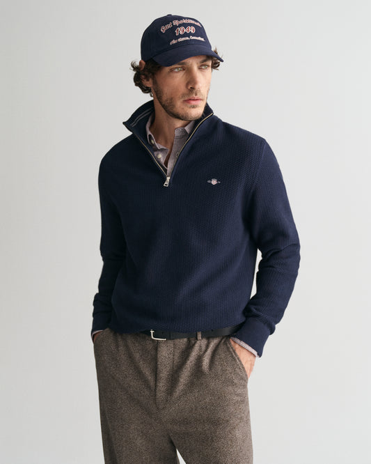 EVENING BLUE, COTTON MICRO TEXTURED HALF ZIP, FRONT-VIEW BY GANT AU.